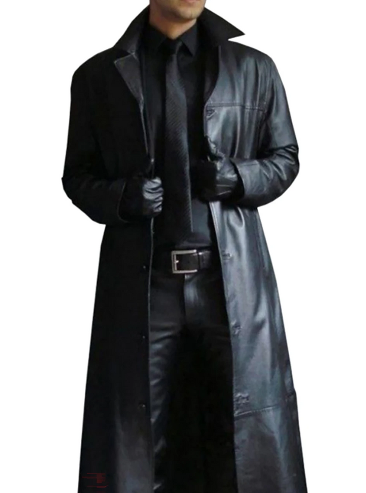 A versatile piece: men's classic long leather coat for all seasons.
