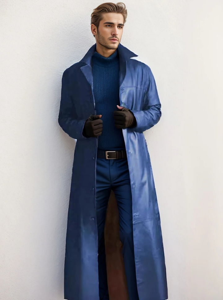The ultimate outerwear: men's elegant long leather coat.