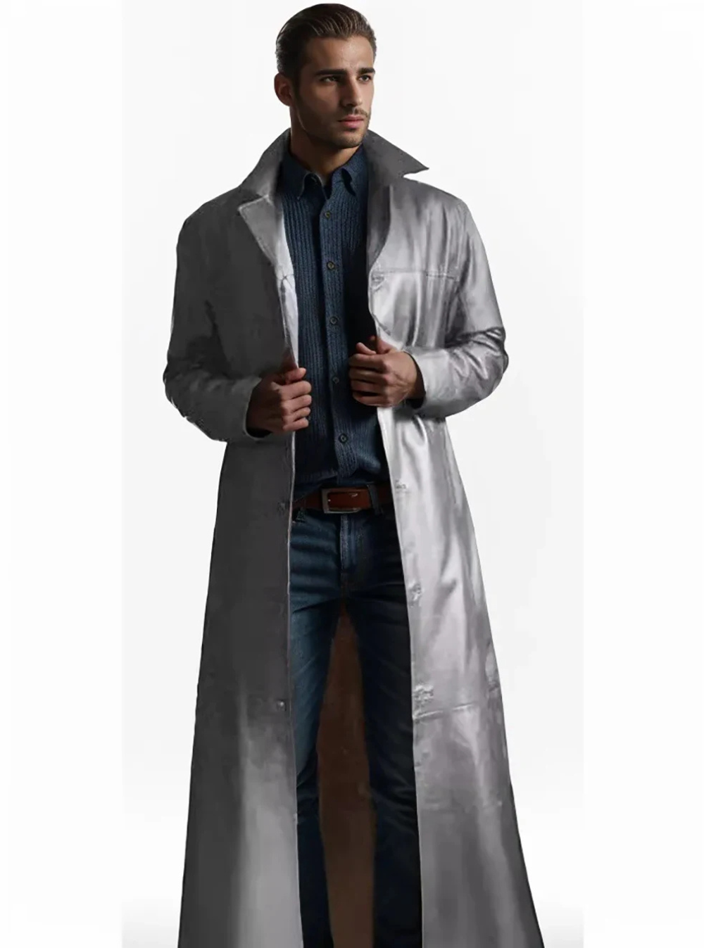 Invest in style: men's timeless long leather coat.
