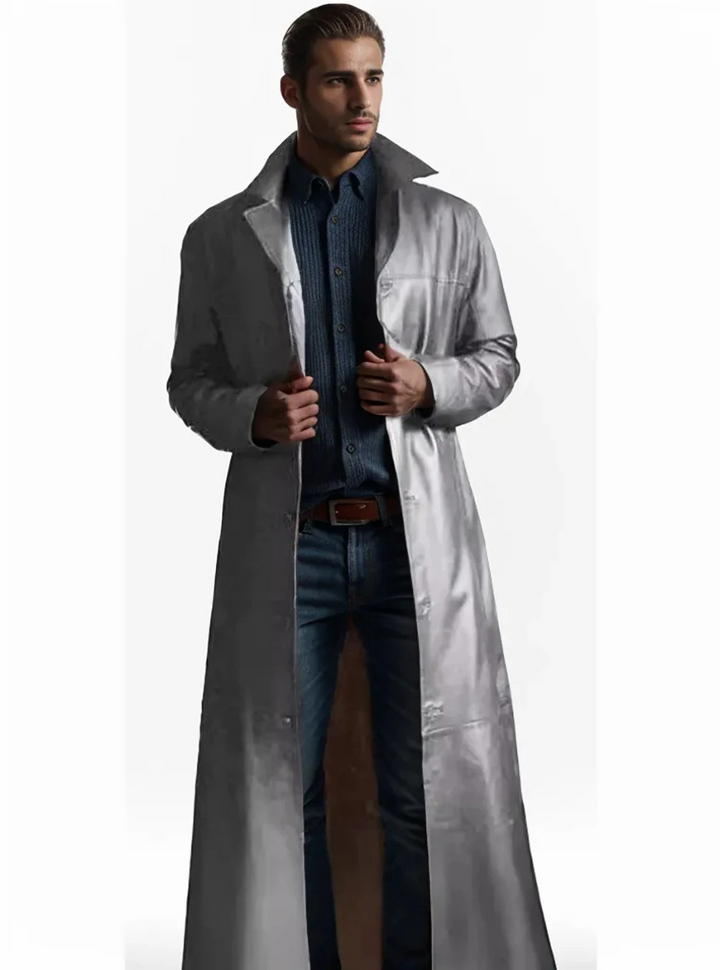 Invest in style: men's timeless long leather coat.