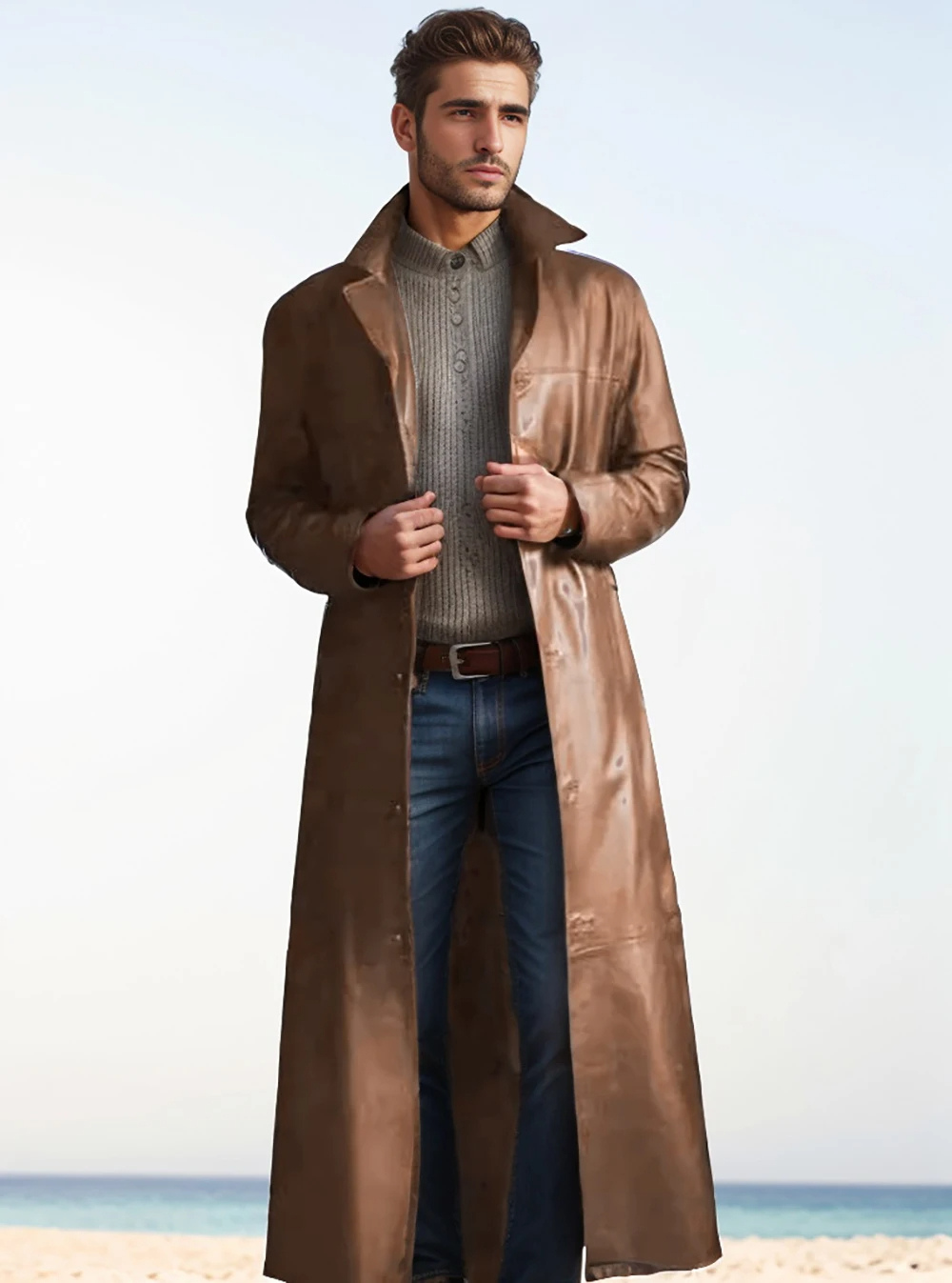 Modern masculinity: men's classic long leather coat for the discerning gentleman.