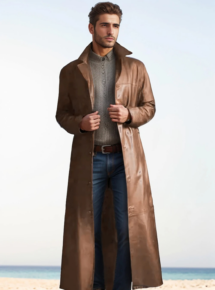 Modern masculinity: men's classic long leather coat for the discerning gentleman.