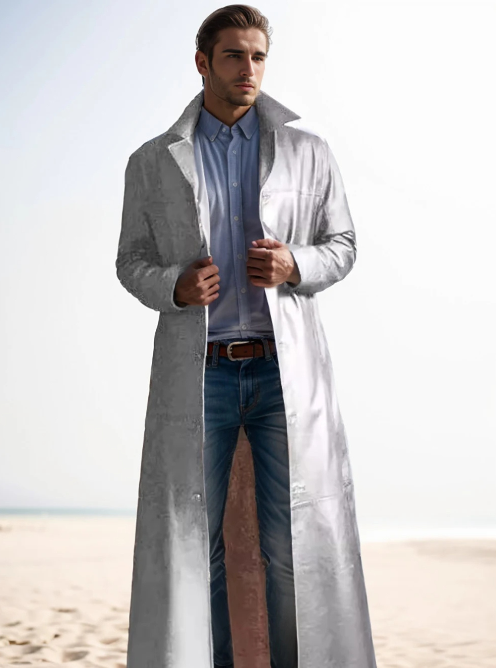 Men's long leather coat offering both warmth and undeniable chicness.