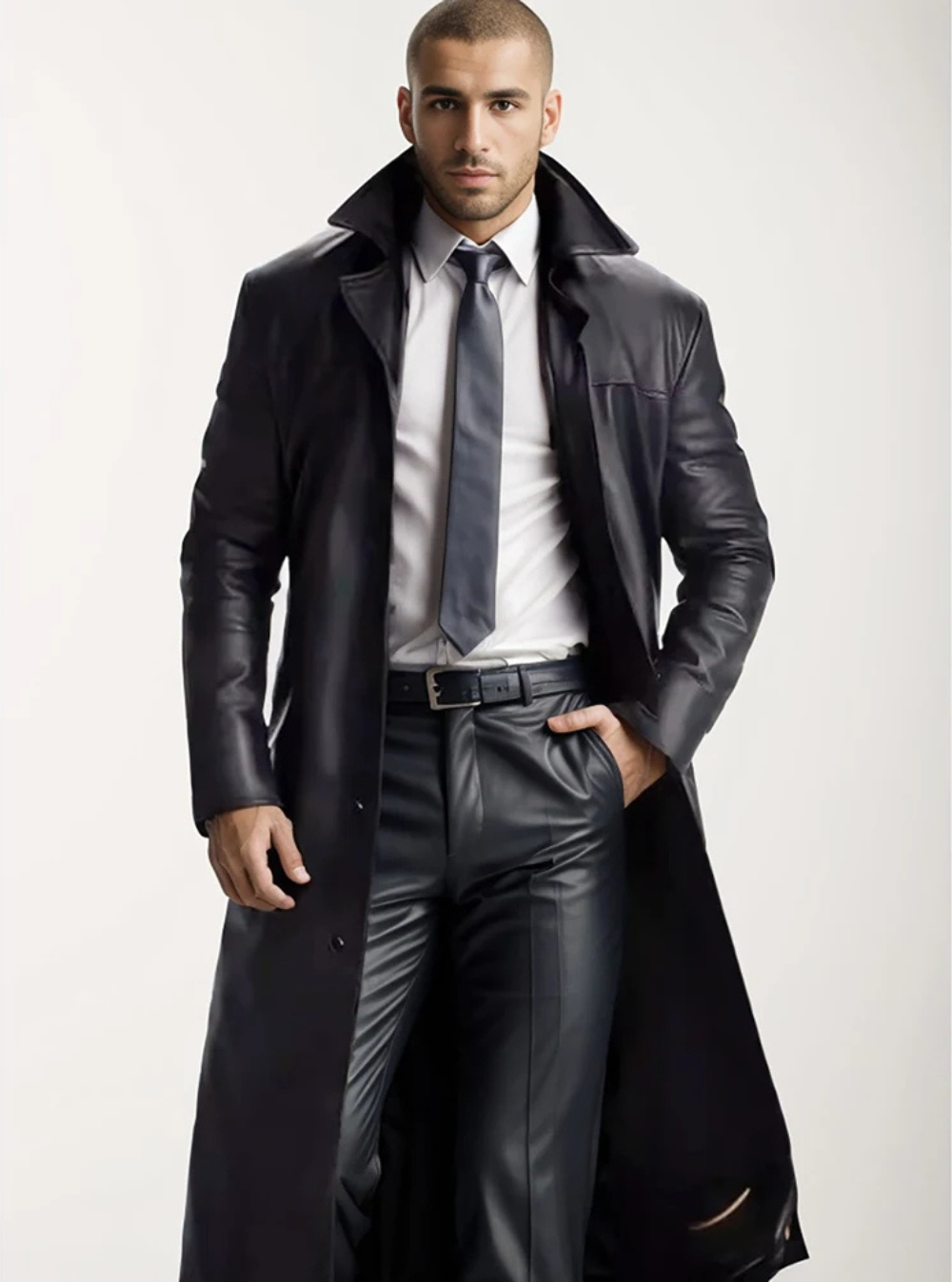 Elegant men's long leather coat, perfect for versatile wear and winter fashion.