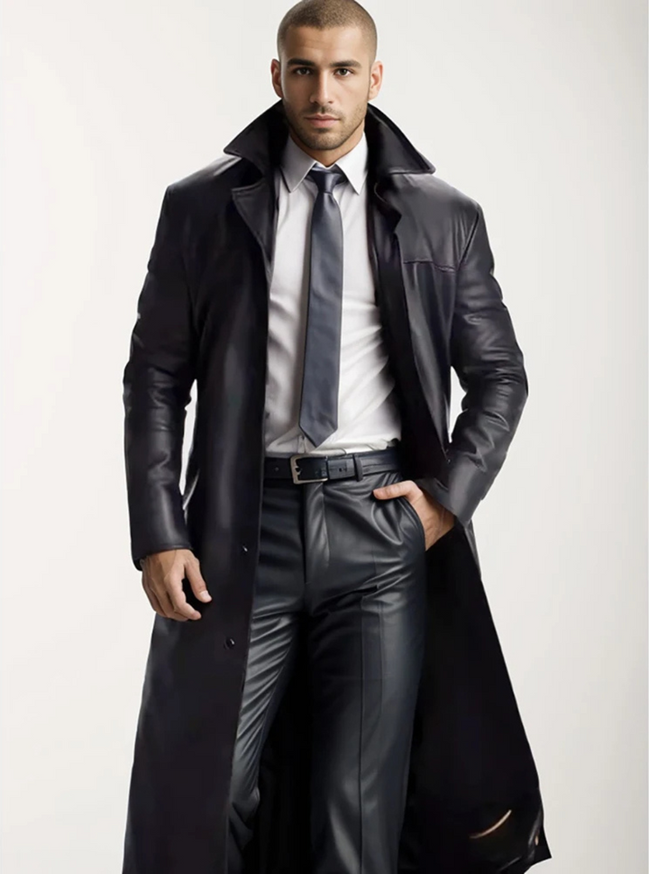Elegant men's long leather coat, perfect for versatile wear and winter fashion.
