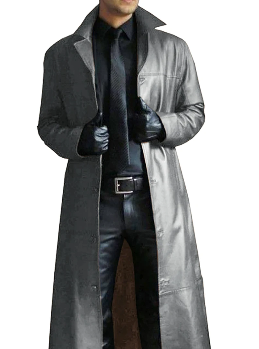 Front view of a men's classic long leather coat, showcasing its fashionable fit.