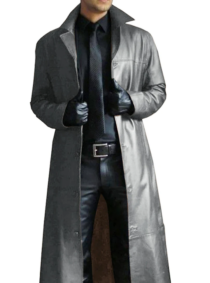 Front view of a men's classic long leather coat, showcasing its fashionable fit.