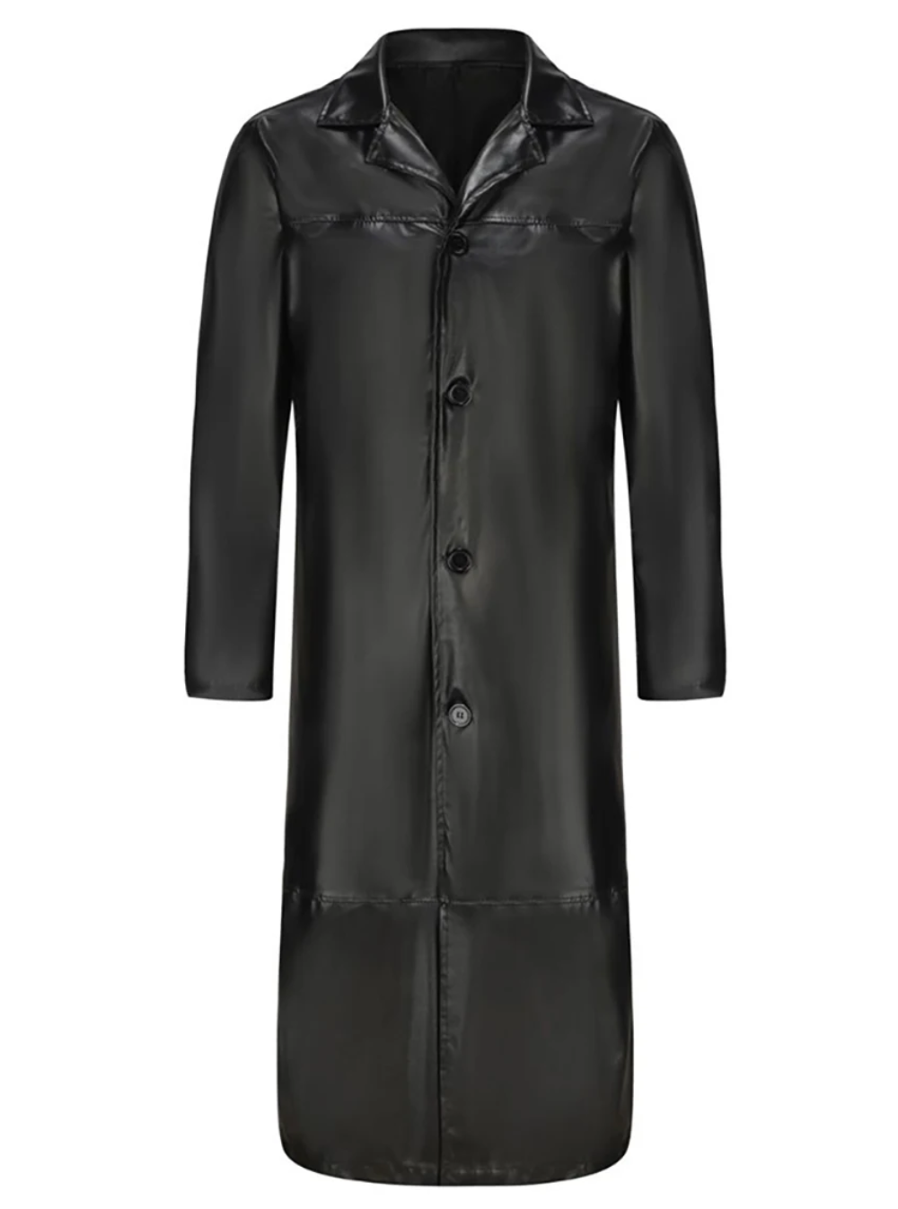 Detail shot of the collar on a men's elegant long leather coat.