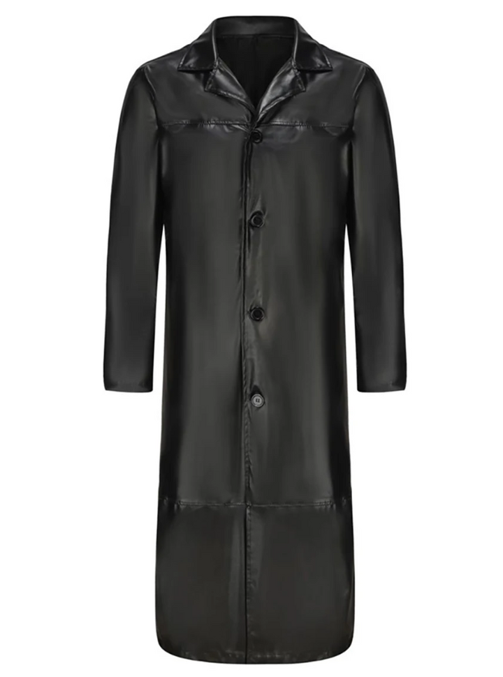 Detail shot of the collar on a men's elegant long leather coat.