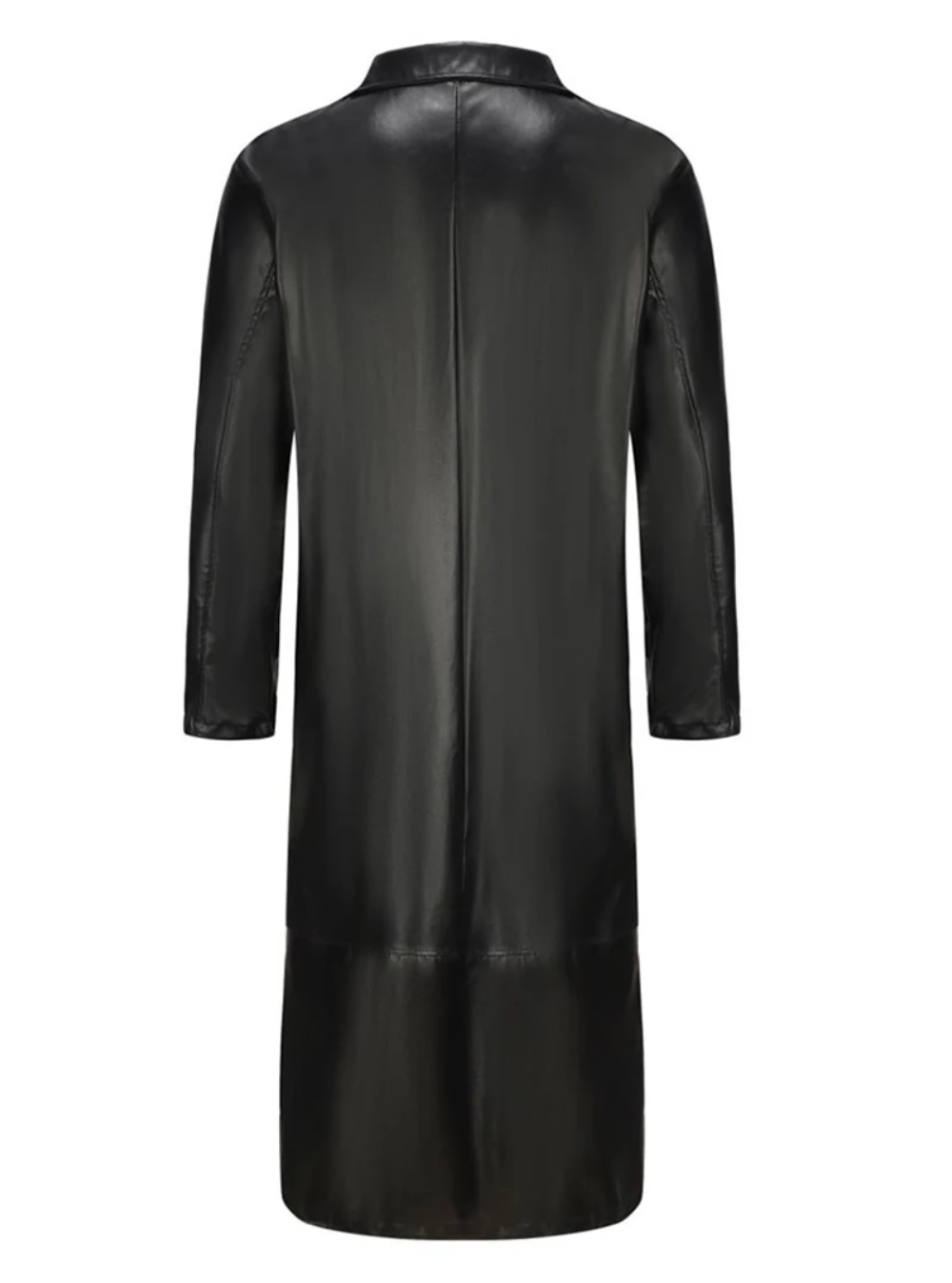 Model posing in a men's timeless long leather coat, demonstrating versatile wear.