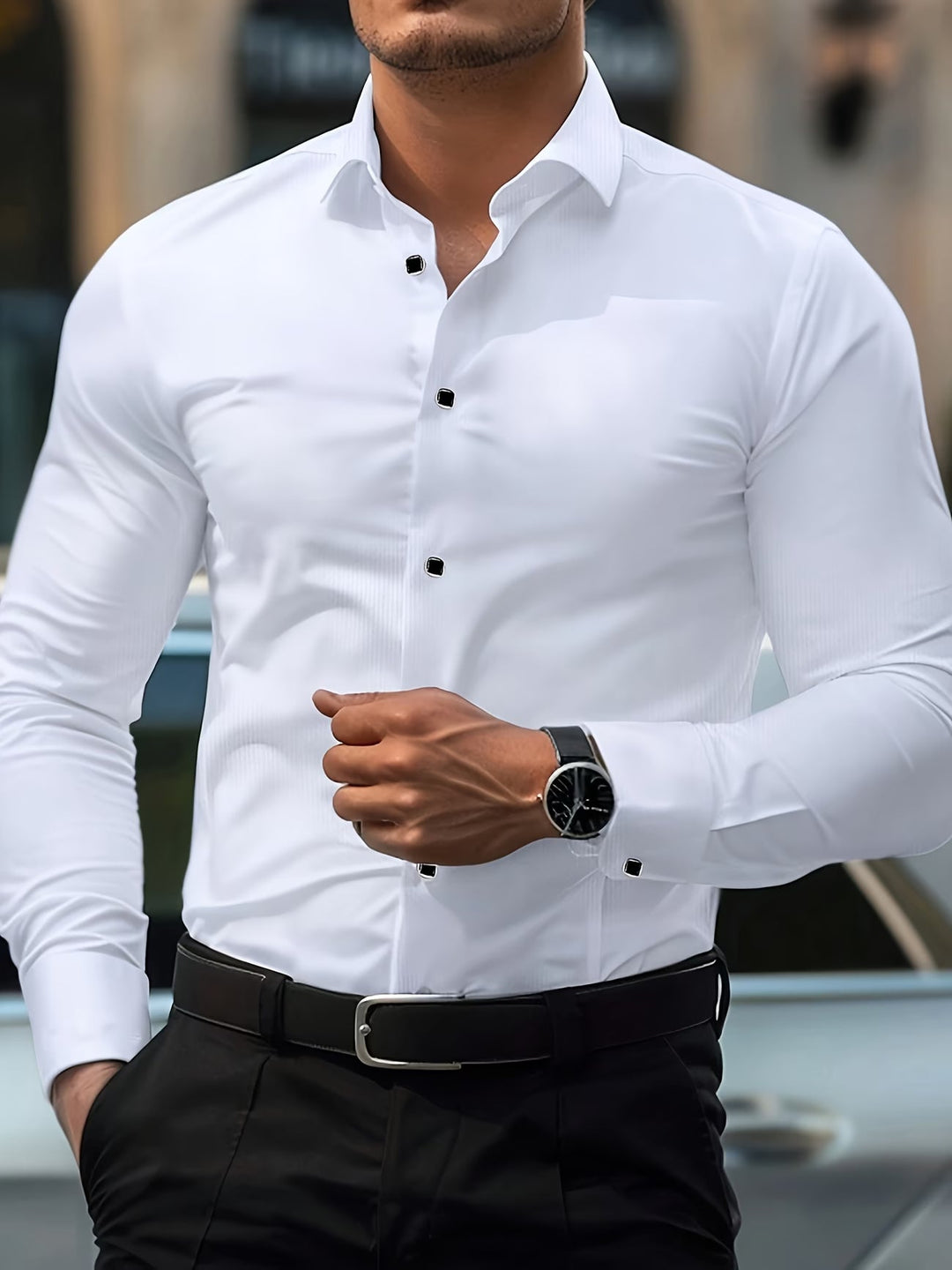 White men's long sleeve shirt, a timeless wardrobe staple. Perfect for versatile casual or smart casual looks.