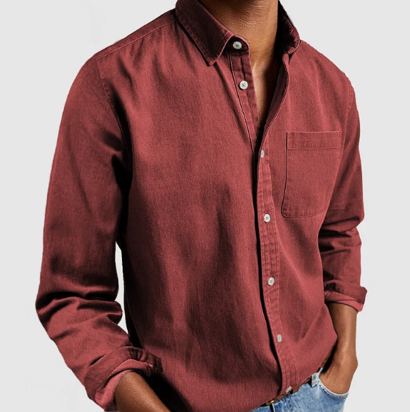 Close-up of a comfortable men's button-down shirt fabric, showcasing quality and versatile style.