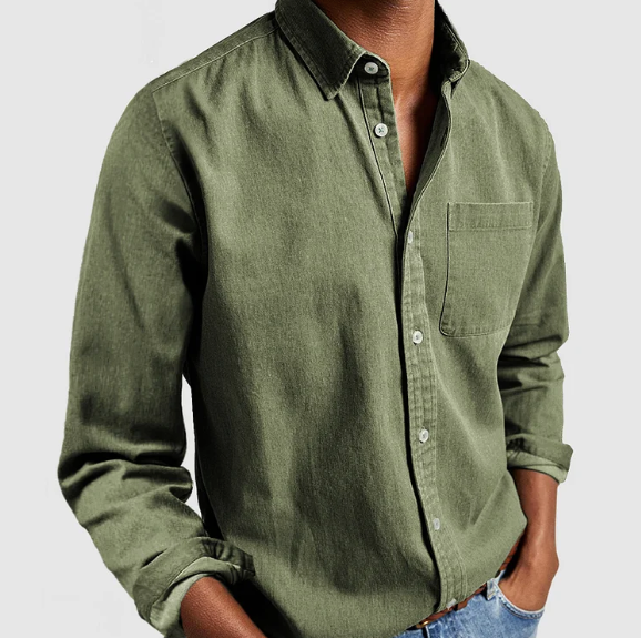 White men's classic collared button-down shirt, comfortable and ideal for layering or smart casual style.