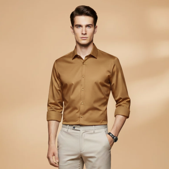 Men's striped long sleeve button-down shirt, a classic wardrobe staple, collared neckline.