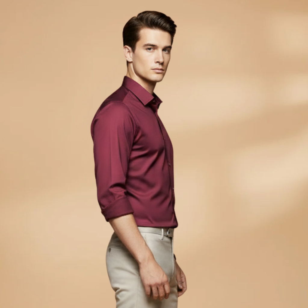 Men's navy long sleeve collared shirt, classic fit for everyday wear, wardrobe staple.