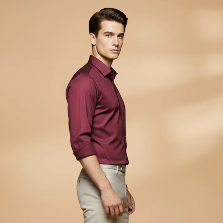 Men's navy long sleeve collared shirt, classic fit for everyday wear, wardrobe staple.