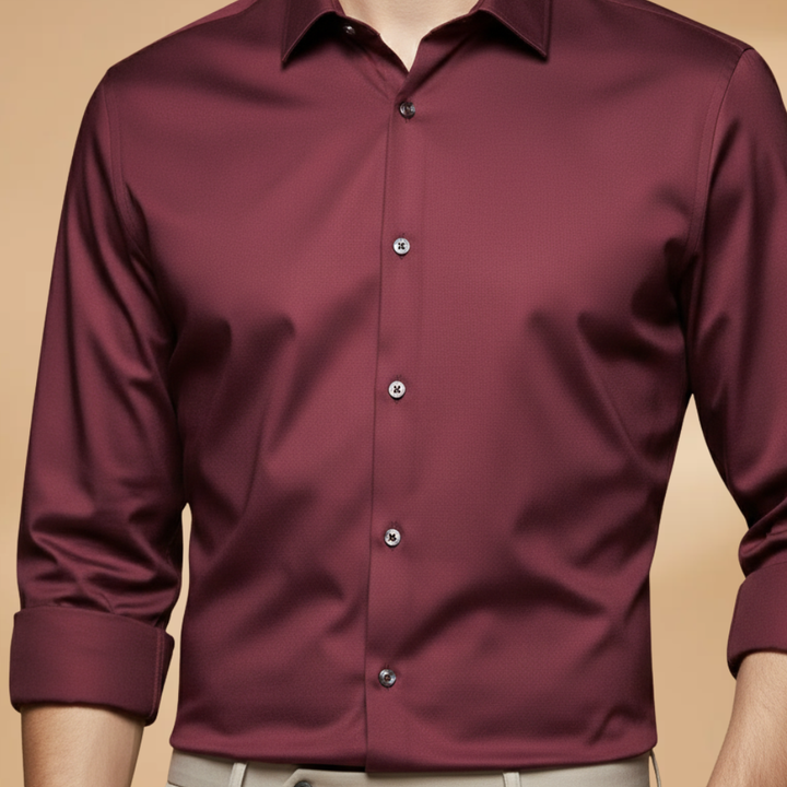 Front view of a men's black long sleeve collared shirt, classic fit, essential wardrobe piece.