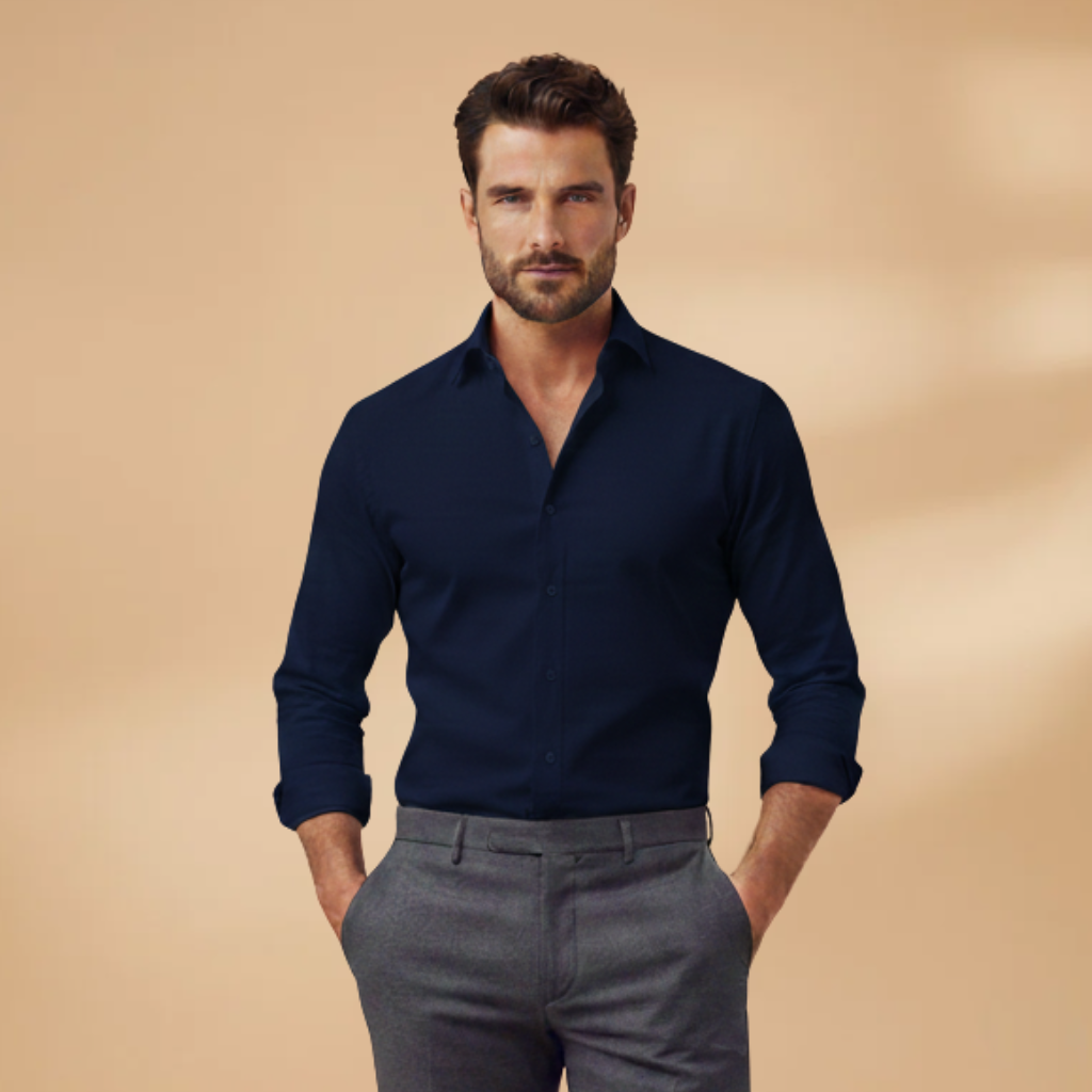 Crisp men's button-up shirt, long sleeves, ideal for a refined formal or sharp business casual ensemble.