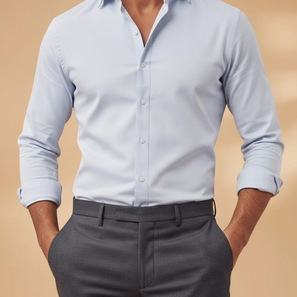 Fashionable men's long sleeve collared shirt, button-up front, a stylish choice for any occasion.