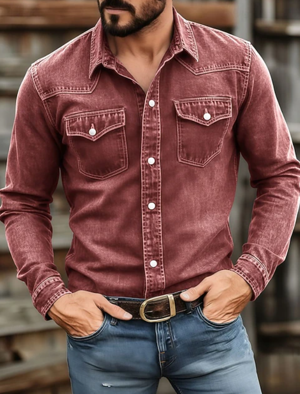 Men's classic long sleeve button-up shirt. Solid color, versatile for casual or formal wear. Essential menswear.