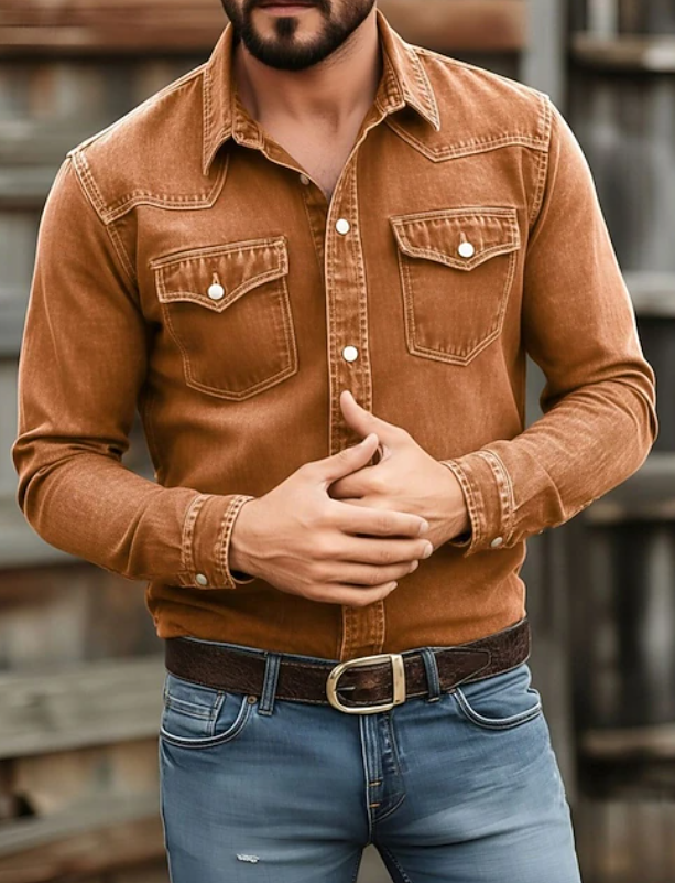 Classic men's button-up shirt. Long sleeve design, solid color, ideal for versatile styling in menswear.