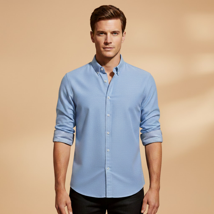 Men's versatile long sleeve button-up shirt. Structured, ideal for layering in formal, casual, office, or everyday outfits.
