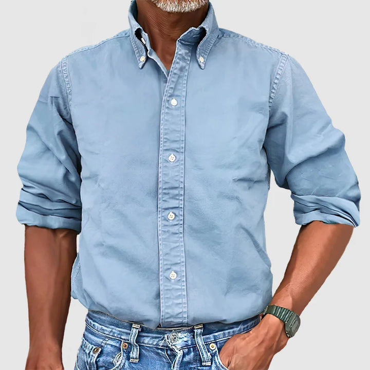 Men's classic long-sleeve button-up shirt styled in different ways, showcasing its versatility.