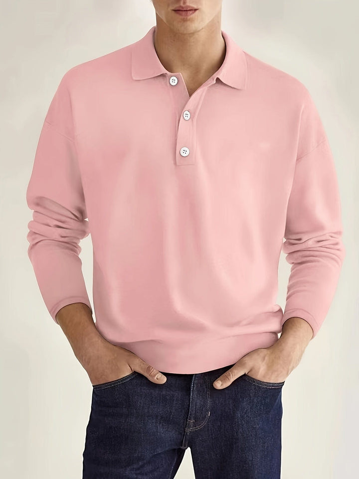 Stylish men's long-sleeve polo shirt, a comfortable collared top for a classic smart casual look.