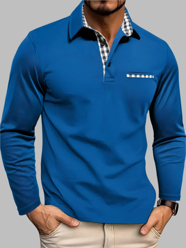 New men's classic long-sleeve polo, cotton blend, tailored fit. Essential mens apparel for spring & summer.