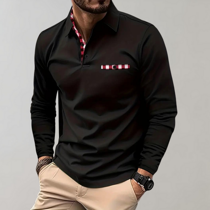 Men's classic long-sleeve polo shirt in navy, perfect for smart casual autumn outfits. Timeless & versatile.