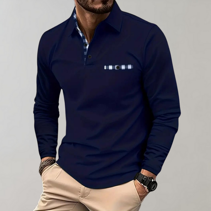 Elegant men's long-sleeve polo shirt for versatile everyday wear. Ideal for cool spring & autumn days.