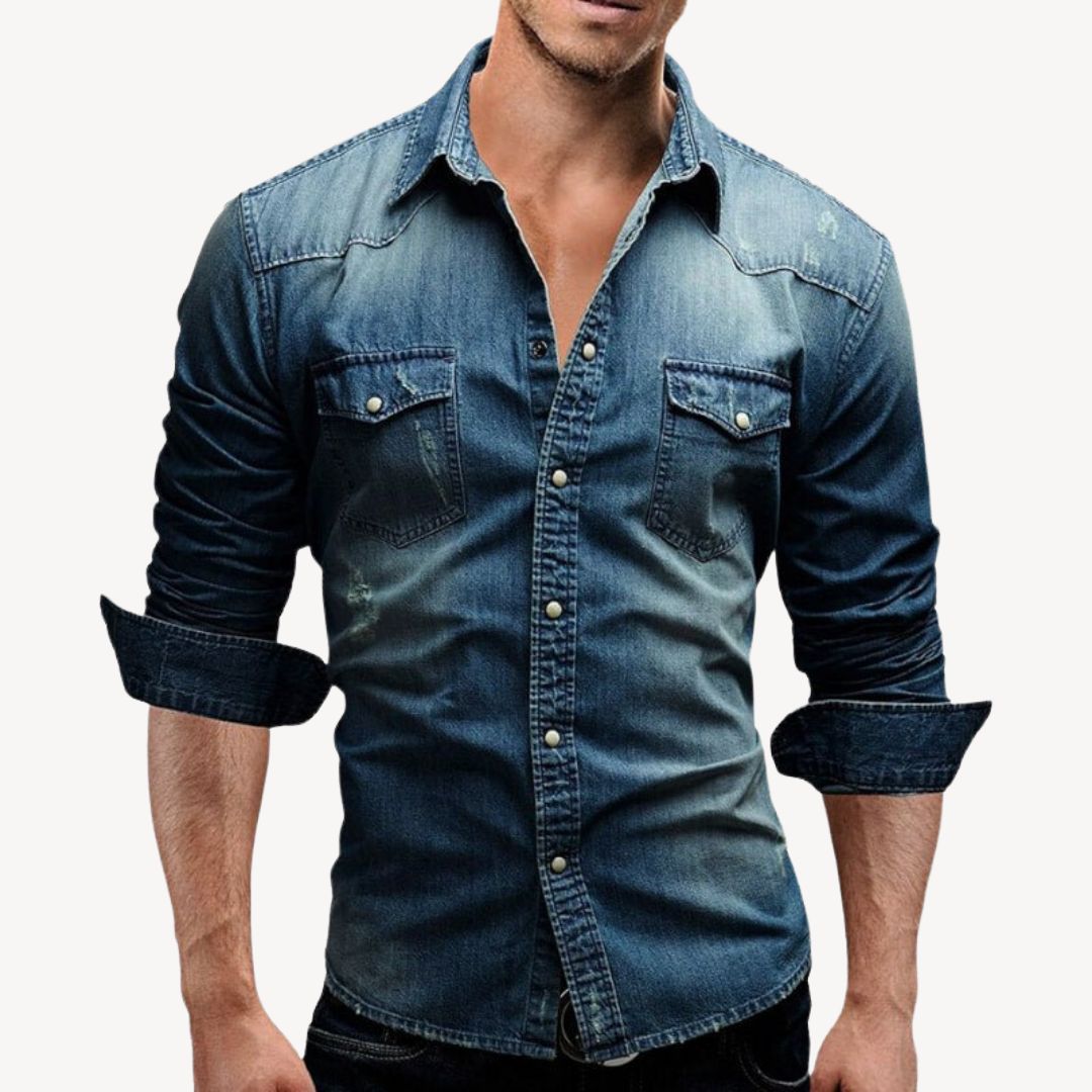 Rugged men's denim western shirt, classic long sleeve with snap buttons, perfect for casual wear.