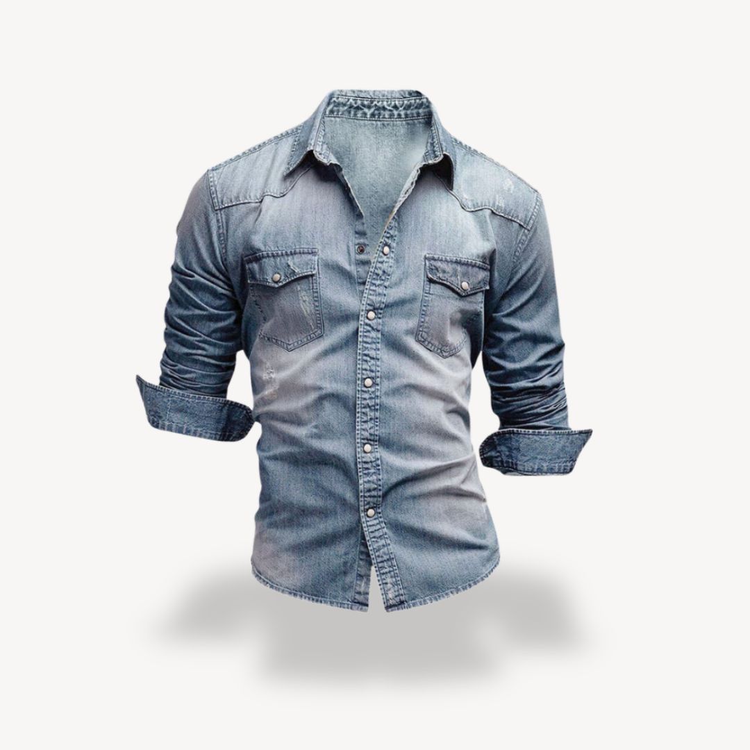 Men's rugged long sleeve western button-up shirt with classic snap closures, ideal for casual fashion.