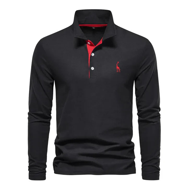 Men's classic long-sleeved polo shirt in a versatile navy blue, perfect for casual or smart casual wear.