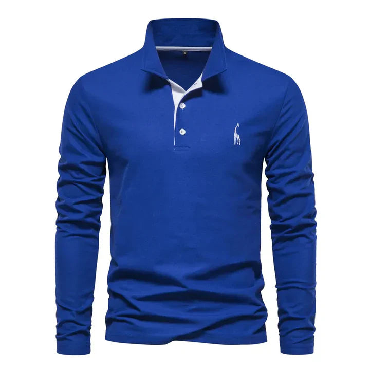 Close-up of the breathable fabric on this men's long-sleeved polo shirt, highlighting quality craftsmanship.