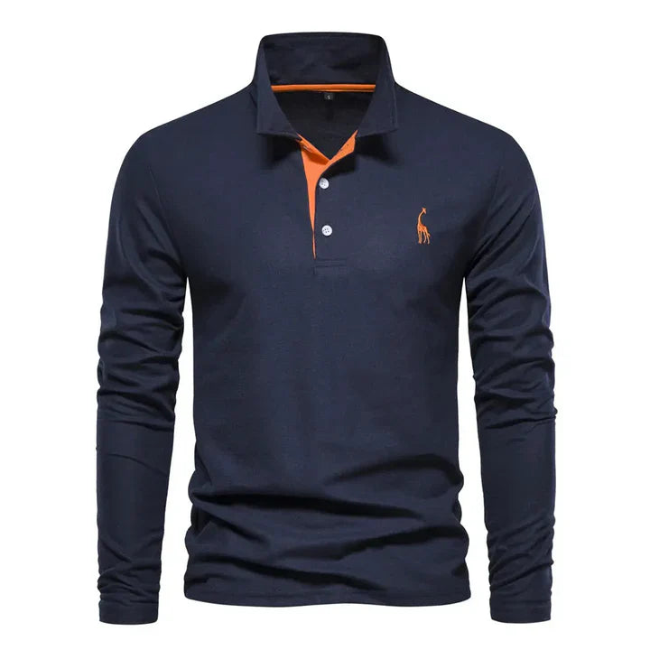 Detail shot of the collar and buttons on a men's breathable long-sleeved polo shirt, a versatile essential.