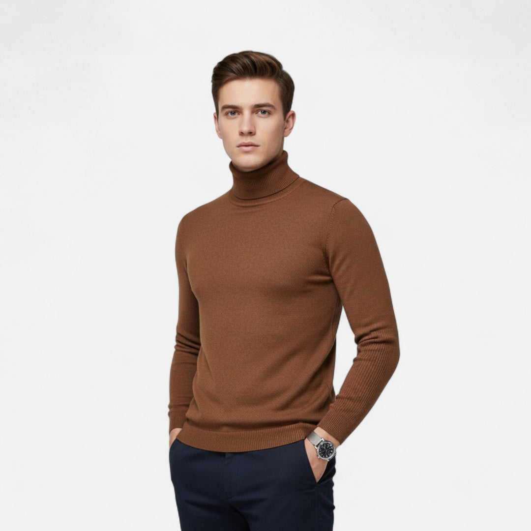 Close-up of the fine knit texture on a men's merino wool crew neck sweater.