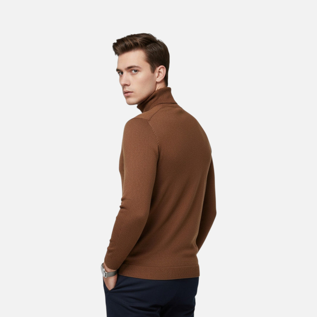 Model wearing a men's classic fit merino wool sweater in a casual outfit.