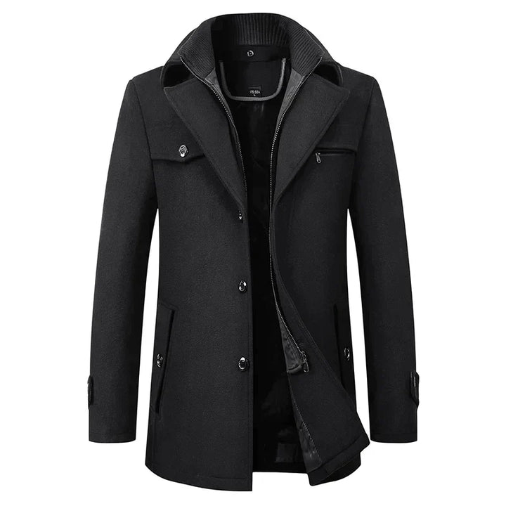Men's classic mid-length pea coat with elegant notched lapel and button front closure.
