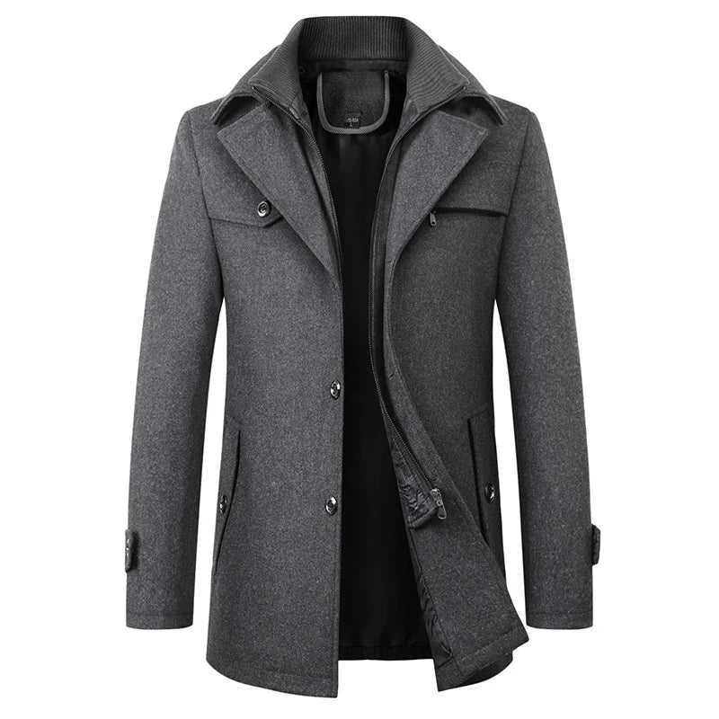 Stylish navy blue pea coat for men, featuring a timeless notched lapel and mid-length design.