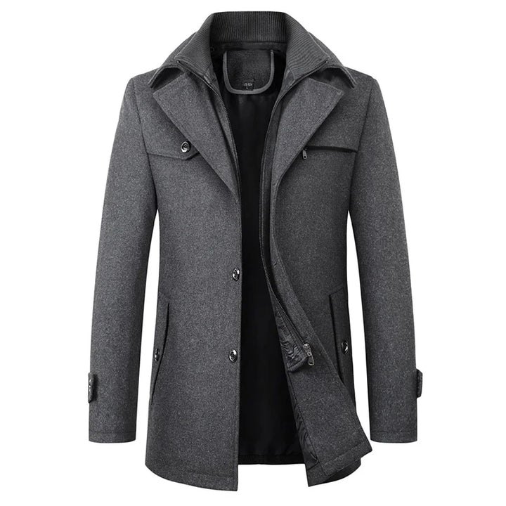 Stylish navy blue pea coat for men, featuring a timeless notched lapel and mid-length design.
