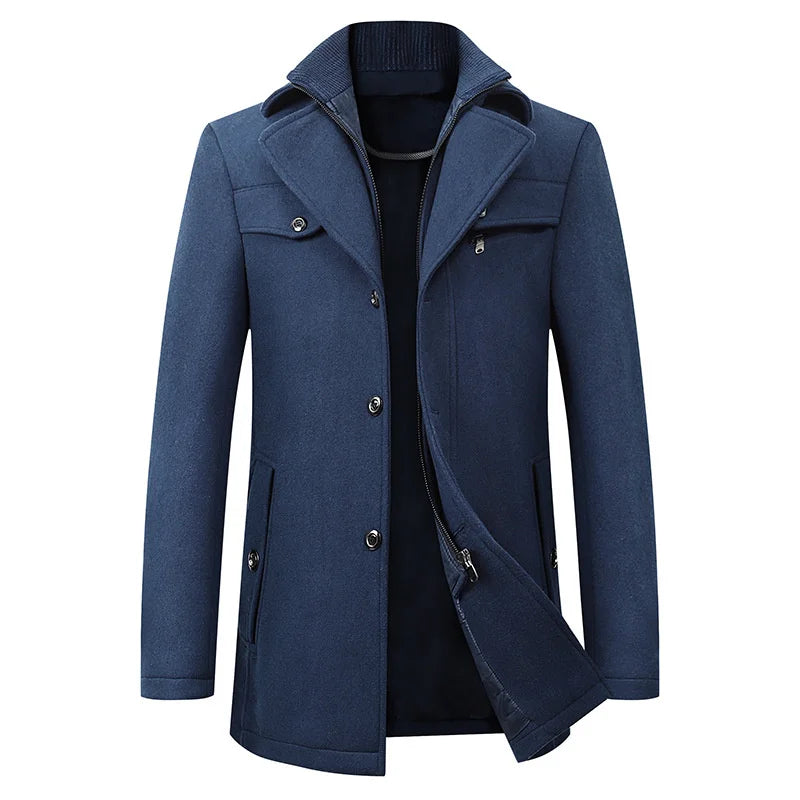 Warm winter outerwear: men's mid-length pea coat with sophisticated notched lapels.