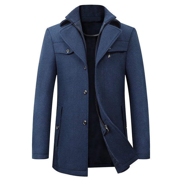 Warm winter outerwear: men's mid-length pea coat with sophisticated notched lapels.