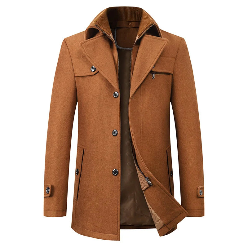 Menswear staple: button-front pea coat with a notched lapel, perfect for a classic look.