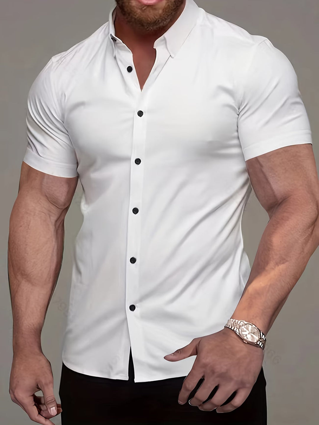 Men's classic muscle fit button-up shirt in a solid color, perfect for a structured, modern casual look.