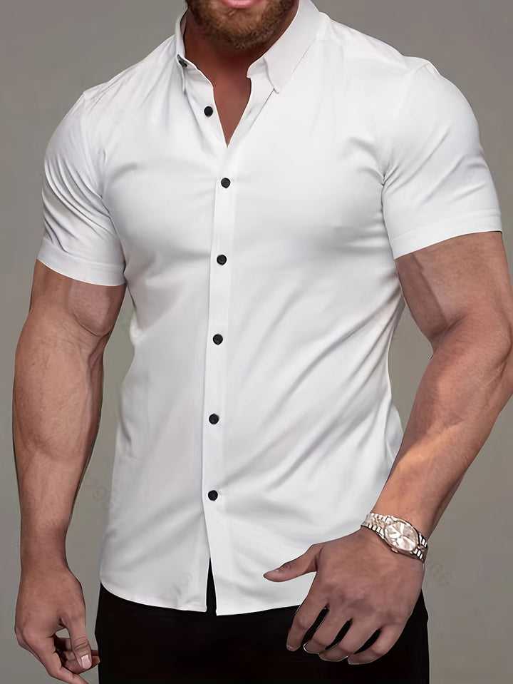 Men's classic muscle fit button-up shirt in a solid color, perfect for a structured, modern casual look.