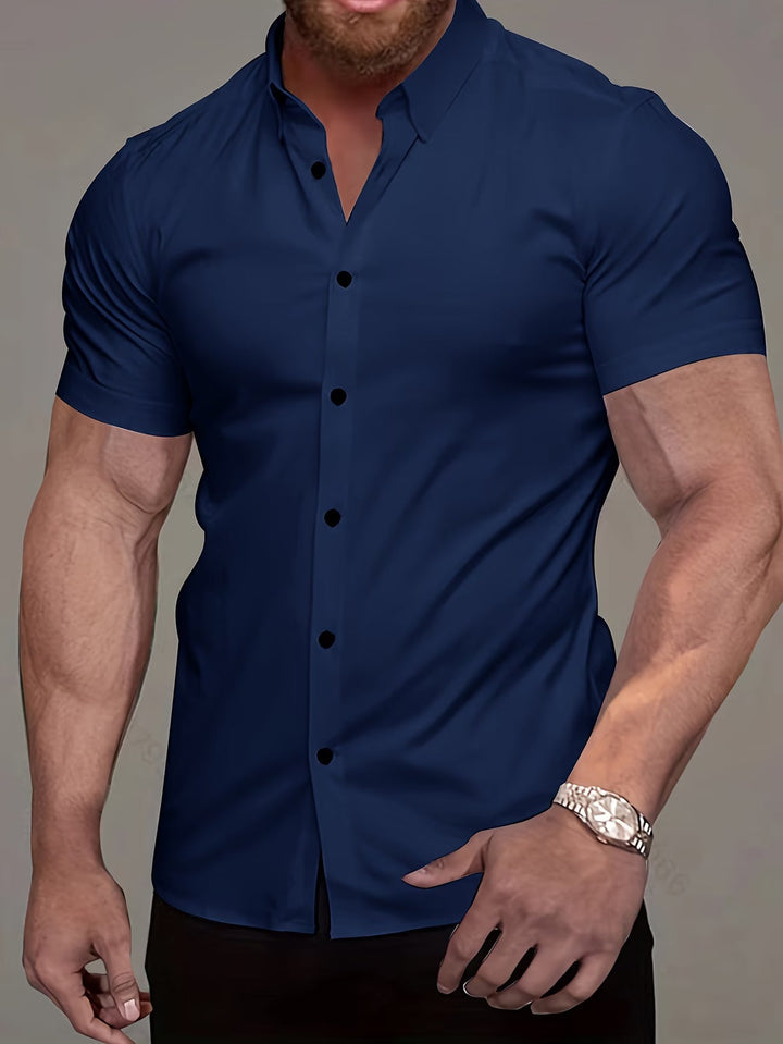 Stylish men's muscle fit button shirt with a structured silhouette, perfect for modern casual & smart casual fashion.