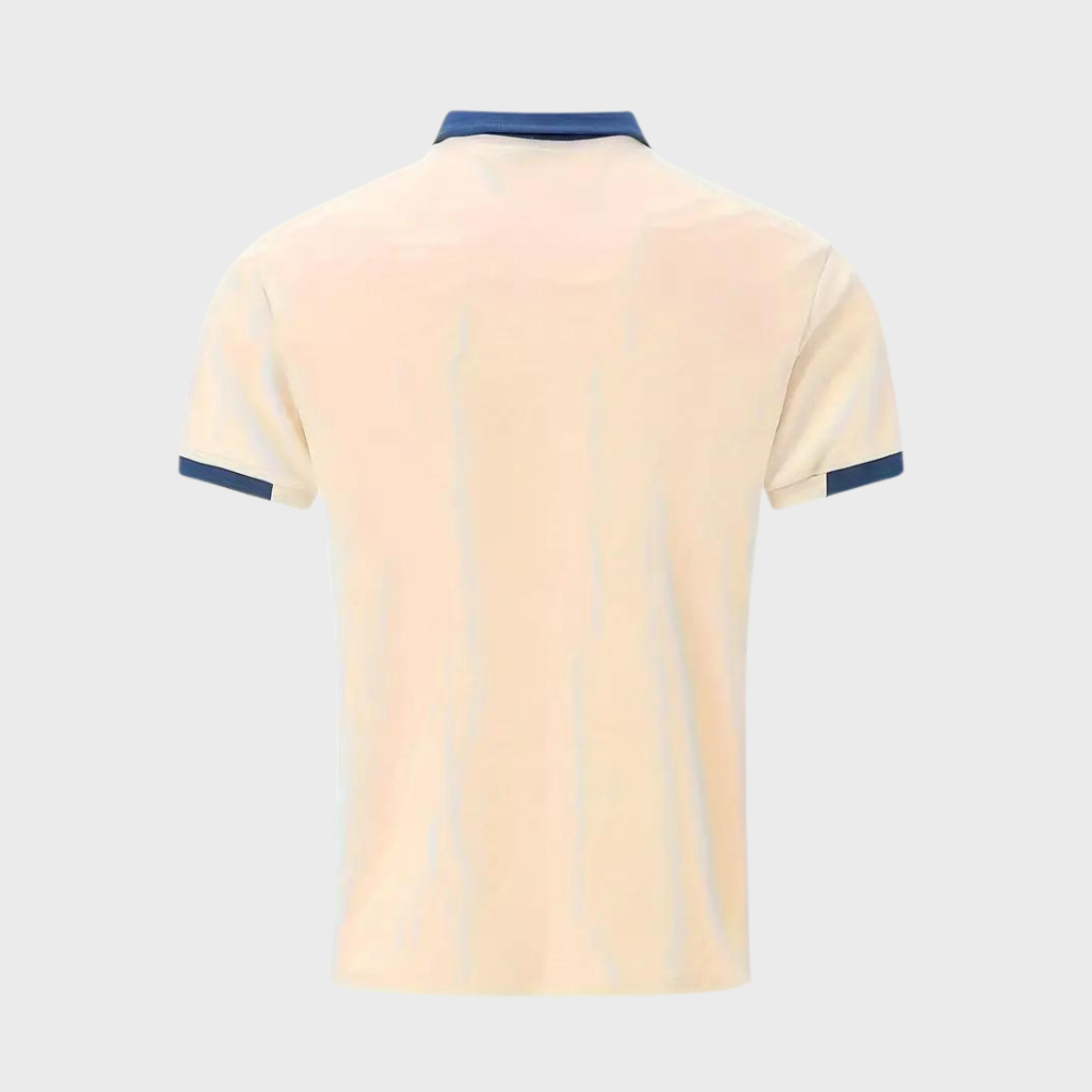 Back view of men's classic polo shirt, showing comfortable fit & stylish short sleeve design for casual wear.