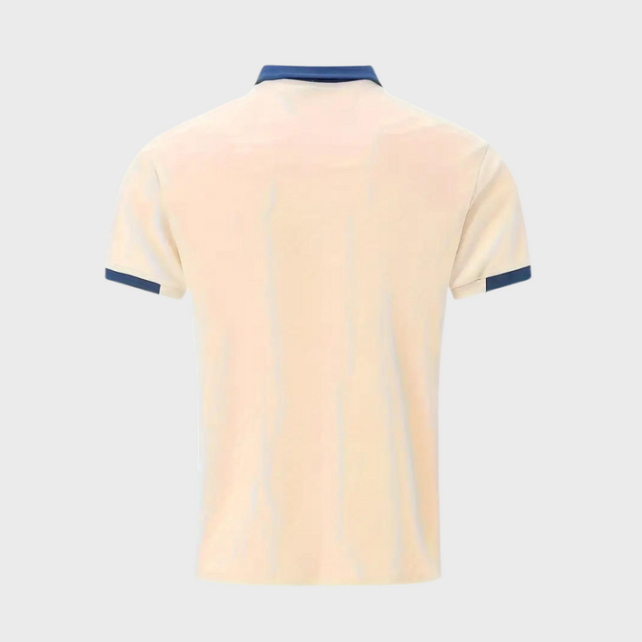 Back view of men's classic polo shirt, showing comfortable fit & stylish short sleeve design for casual wear.