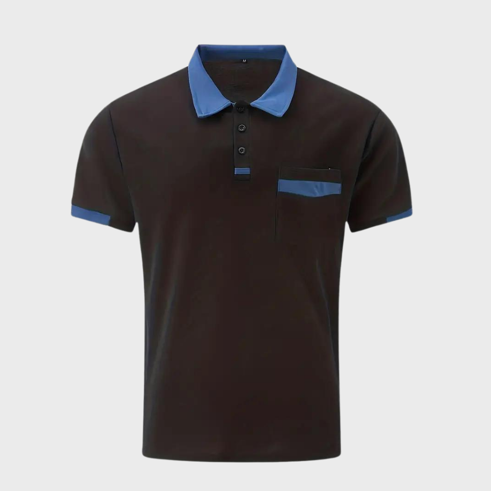 Men's classic polo shirt worn outdoors, perfect short sleeve top for comfortable everyday summer & casual style.